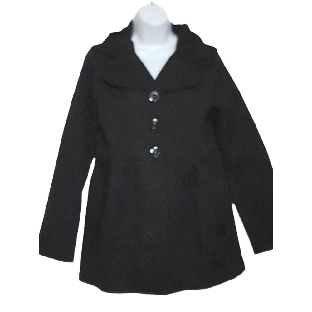 Toffee Apple Womens Black Jacquard Coat Jacket Small 3 Button Vtg Wide Collar